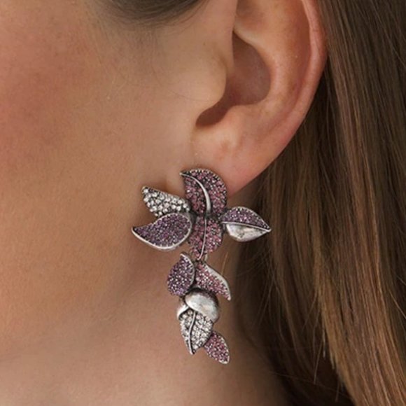 WHBM *  Pavé Rhinestone Statement Earrings Purple Lavender 3D Flowers - Picture 5 of 5